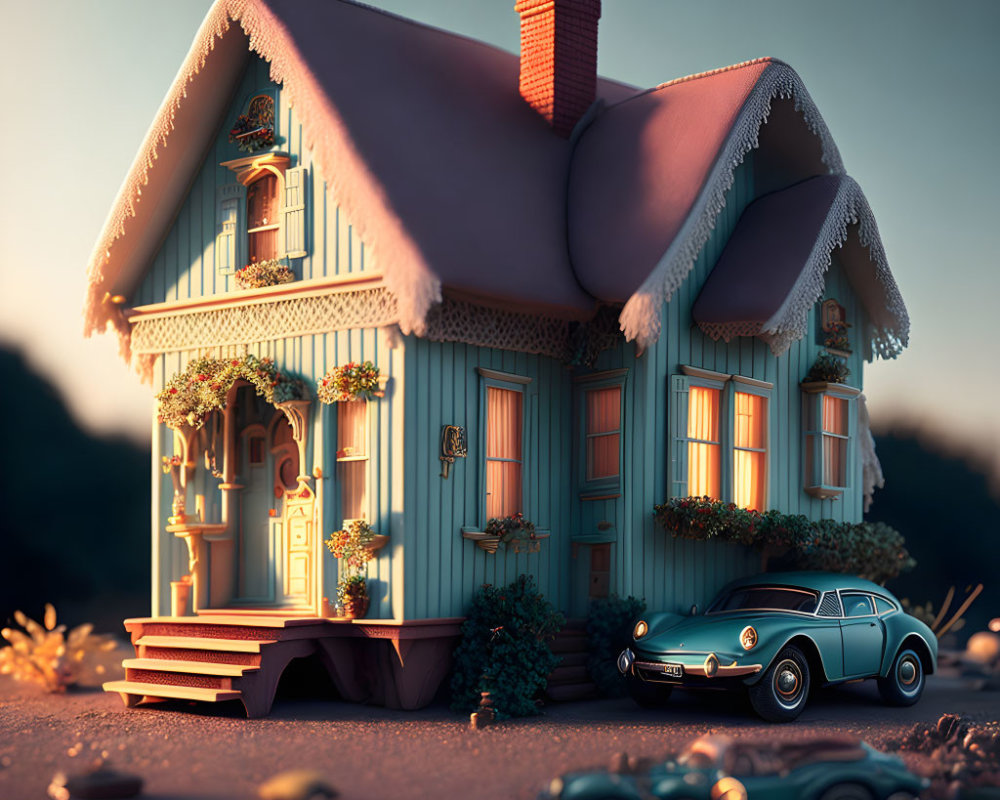Miniature blue house with snow-covered roof, vintage car, and toy plane in warm lighting