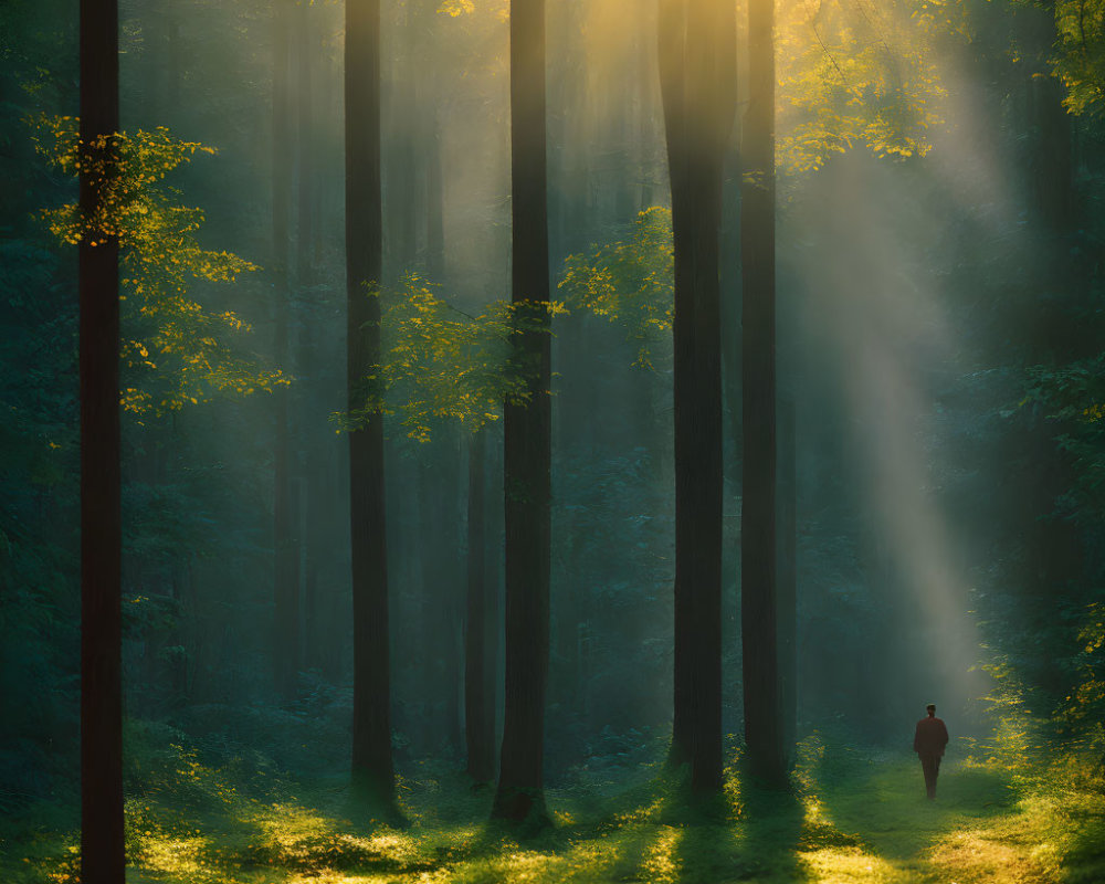 Misty forest with sunlight filtering through, person walking among tall trees