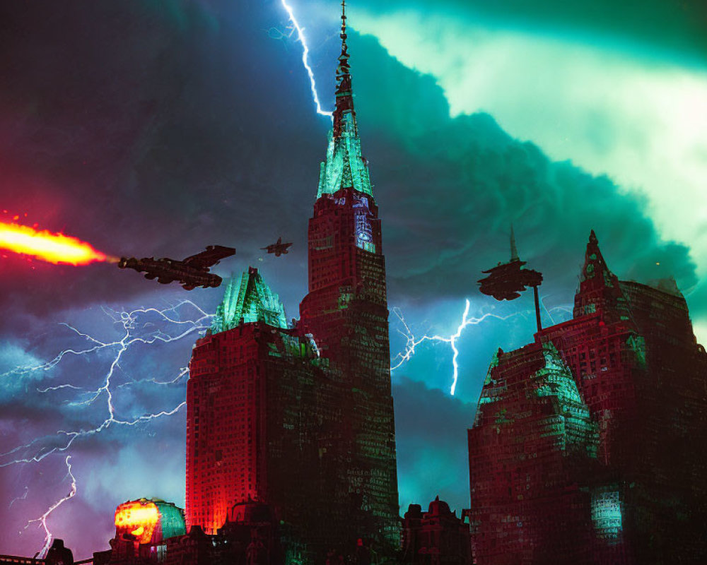 Dramatic lightning strikes over futuristic cityscape with flying vehicles