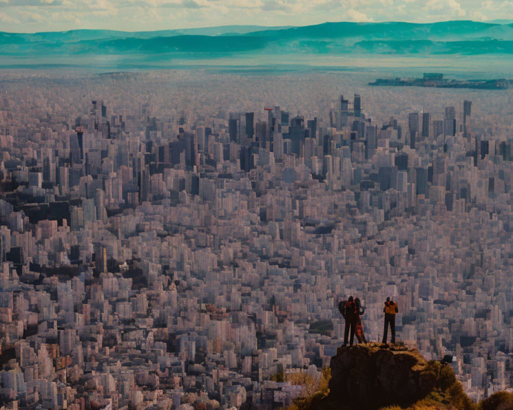 Two people on rocky hilltop gaze at sprawling cityscape.
