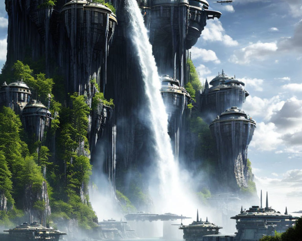Cliffs with Waterfalls, Spires, Crafts, Ships, and Lush Surroundings
