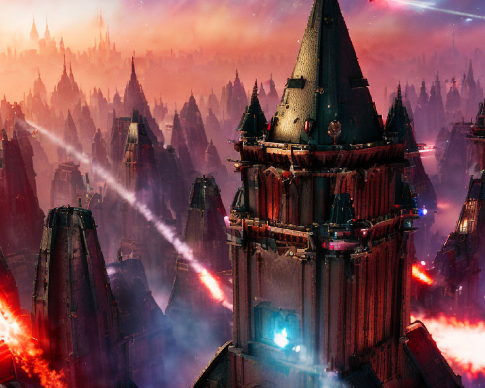 Futuristic sci-fi cityscape with towering spires and neon skies