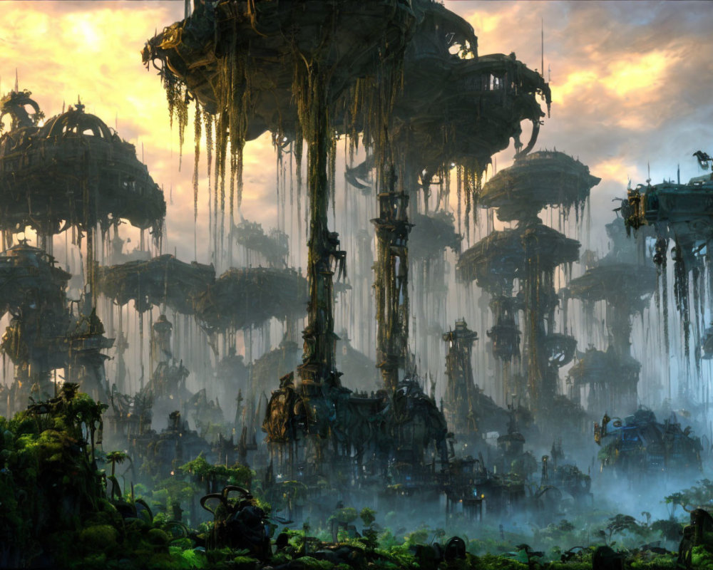 Fantastical landscape with towering intricate structures and lush greenery