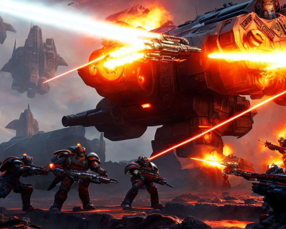 Sci-fi battle scene with mech soldiers, spaceship, and explosions on volcanic terrain