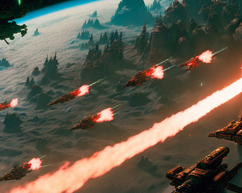 Sci-fi battle scene: spaceships, lasers, alien landscape, red sky, green aurora