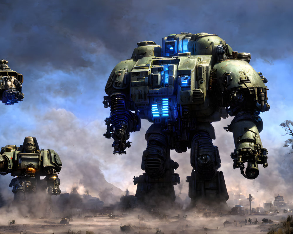 Three large armored robot mechs in smoky battlefield.