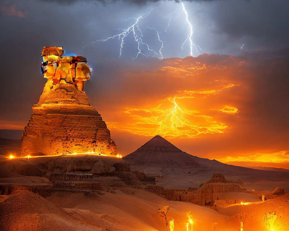 Rock formation resembling Sphinx in desert under stormy sky with lightning and glowing orange path to distant pyramid.