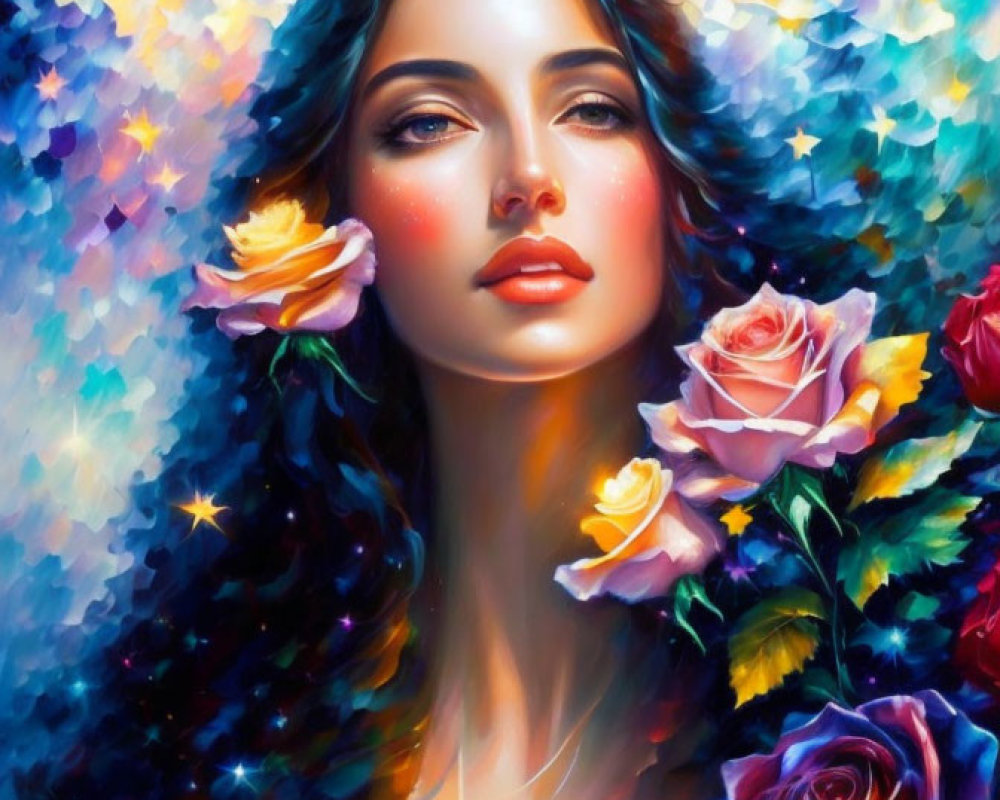Colorful portrait of a woman with roses and lights in dreamlike setting