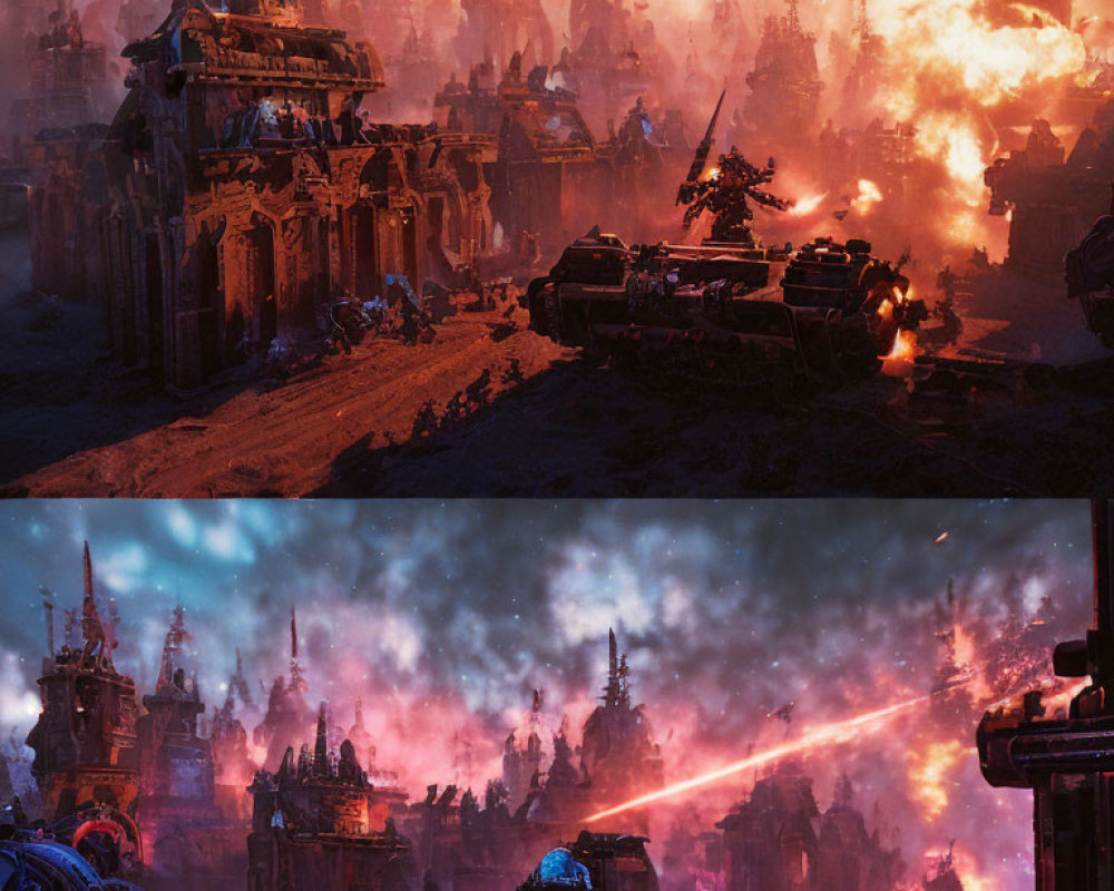 Futuristic battlefield with tanks and explosions in vivid sci-fi scene