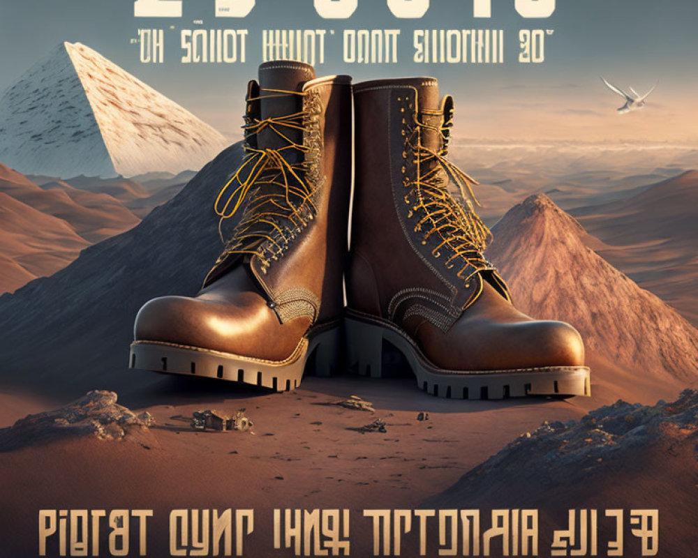 Rugged boots on Martian terrain with airplane and Earth in the sky