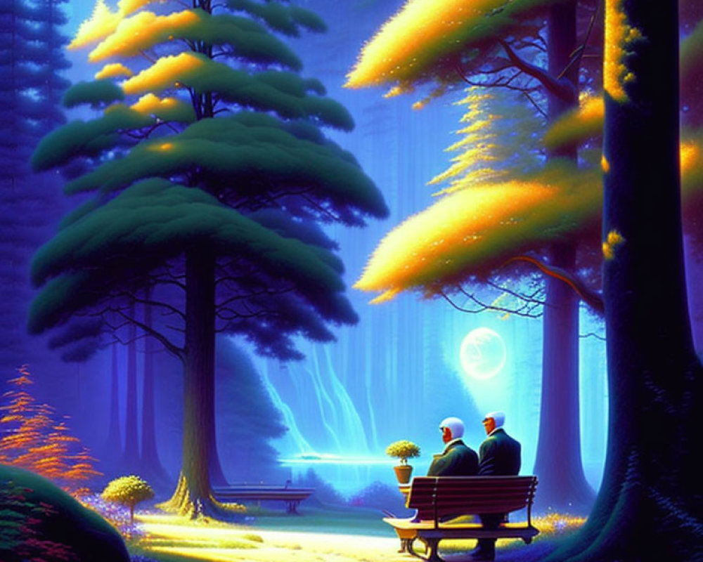 Night scene: Two people on bench in glowing forest with moon and waterfall