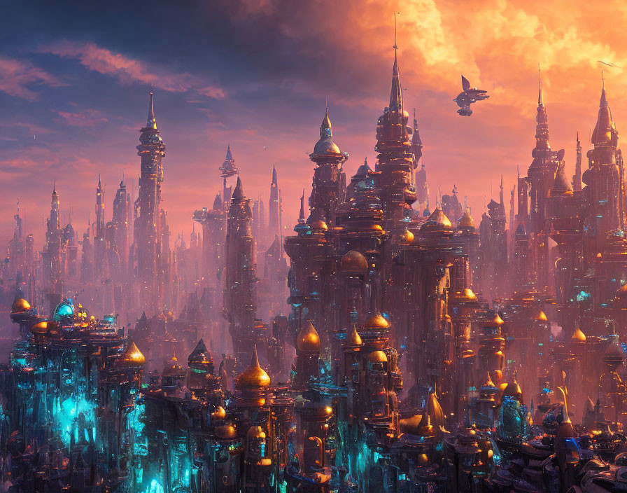 Futuristic cityscape at dusk: towering spires, luminous buildings, flying vehicles
