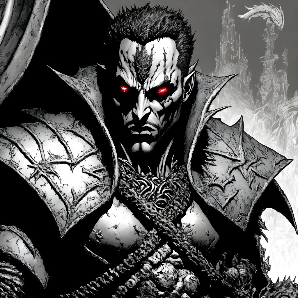 Menacing character in spiked armor with red eyes - monochromatic illustration