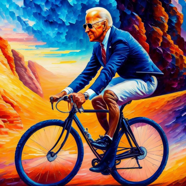 Stylized painting of person in sunglasses on bicycle with colorful, abstract canyon background