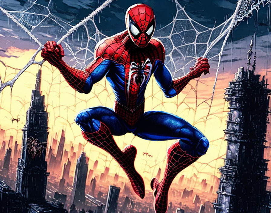 Superhero crouches on web in cityscape with skyscrapers and gloomy sky