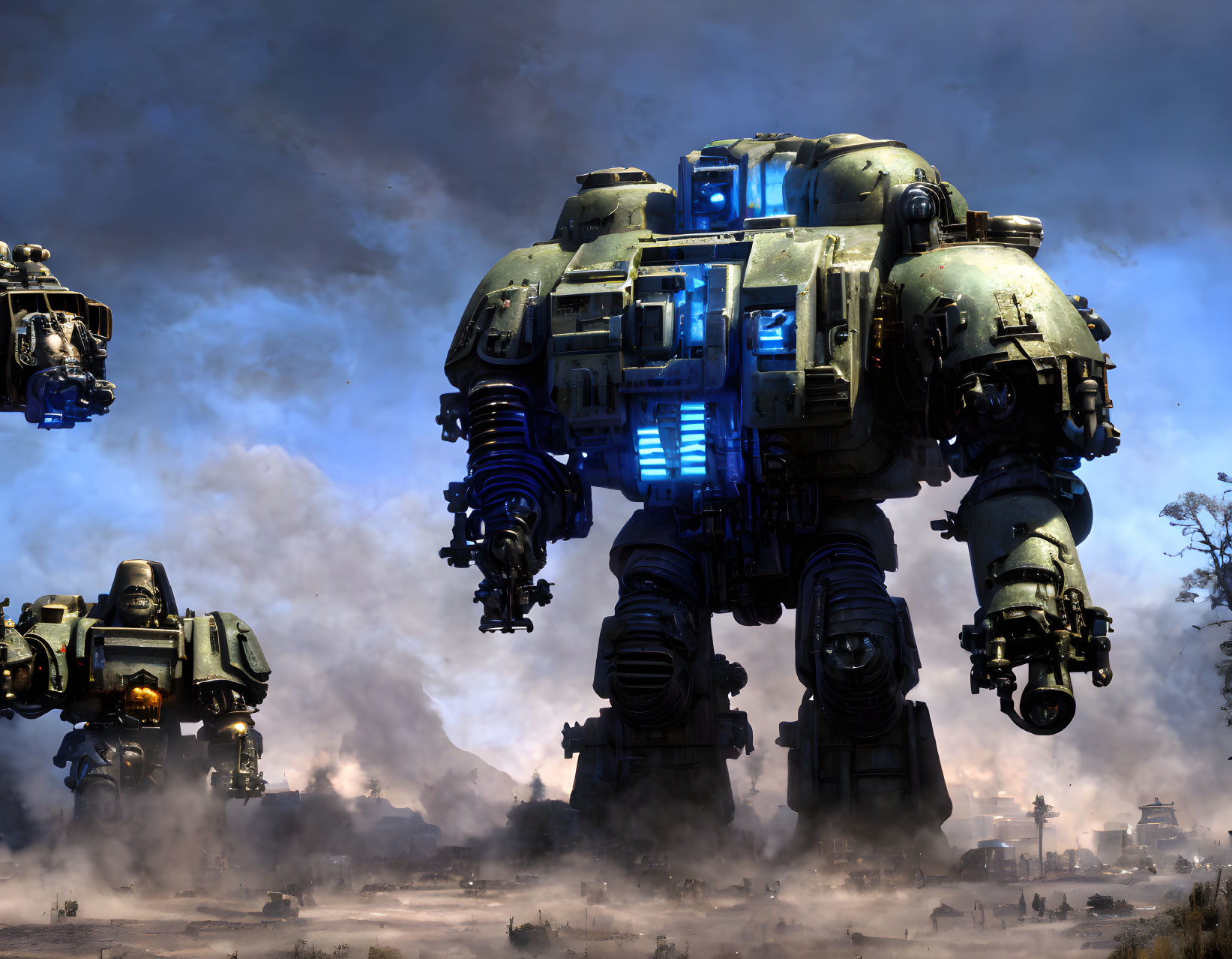 Three large armored robot mechs in smoky battlefield.