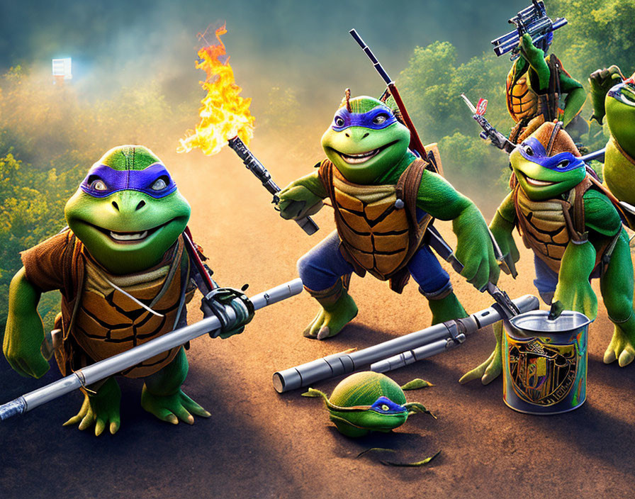 Four Teenage Mutant Ninja Turtles with weapons on misty road