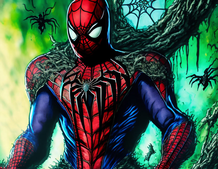 Detailed Spider-Man costume against vibrant green and black comic book forest background