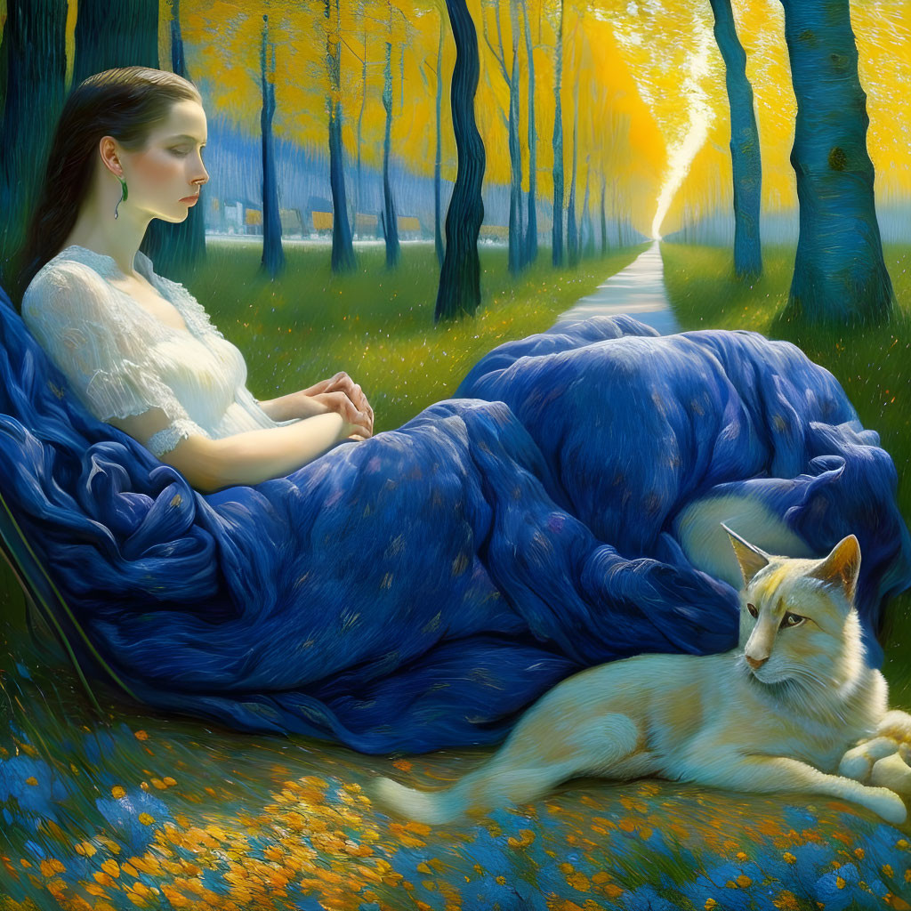 Woman in Blue Dress Sitting with Fox in Forest Pathway