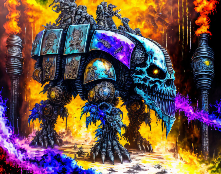 Skull-headed armored behemoth in fiery, colorful setting with shields and purple flames