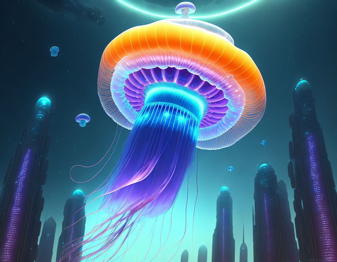 Neon-colored jellyfish above futuristic towers in digital art
