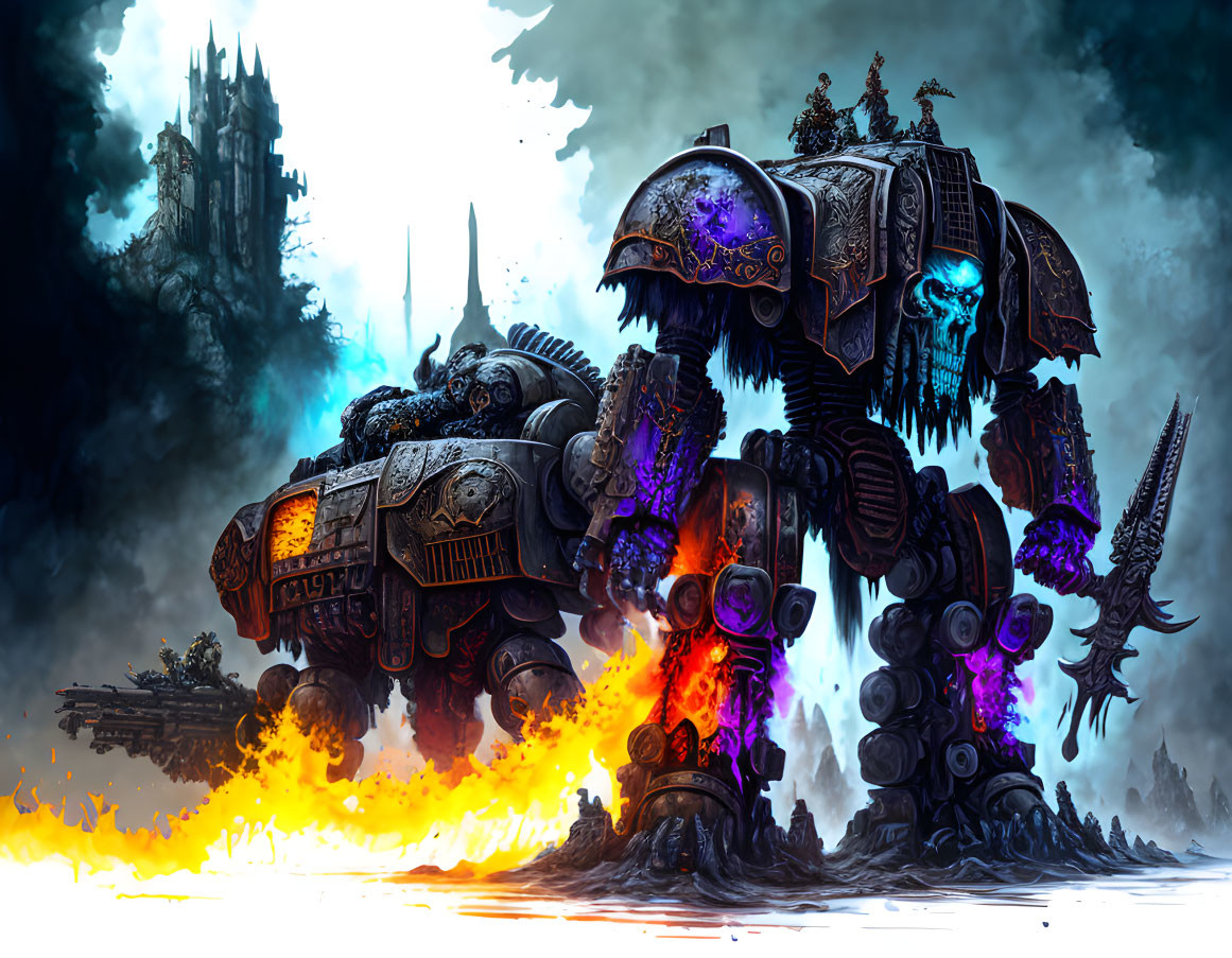 Armored warriors in futuristic battle scene with glowing weapons and castle silhouette.