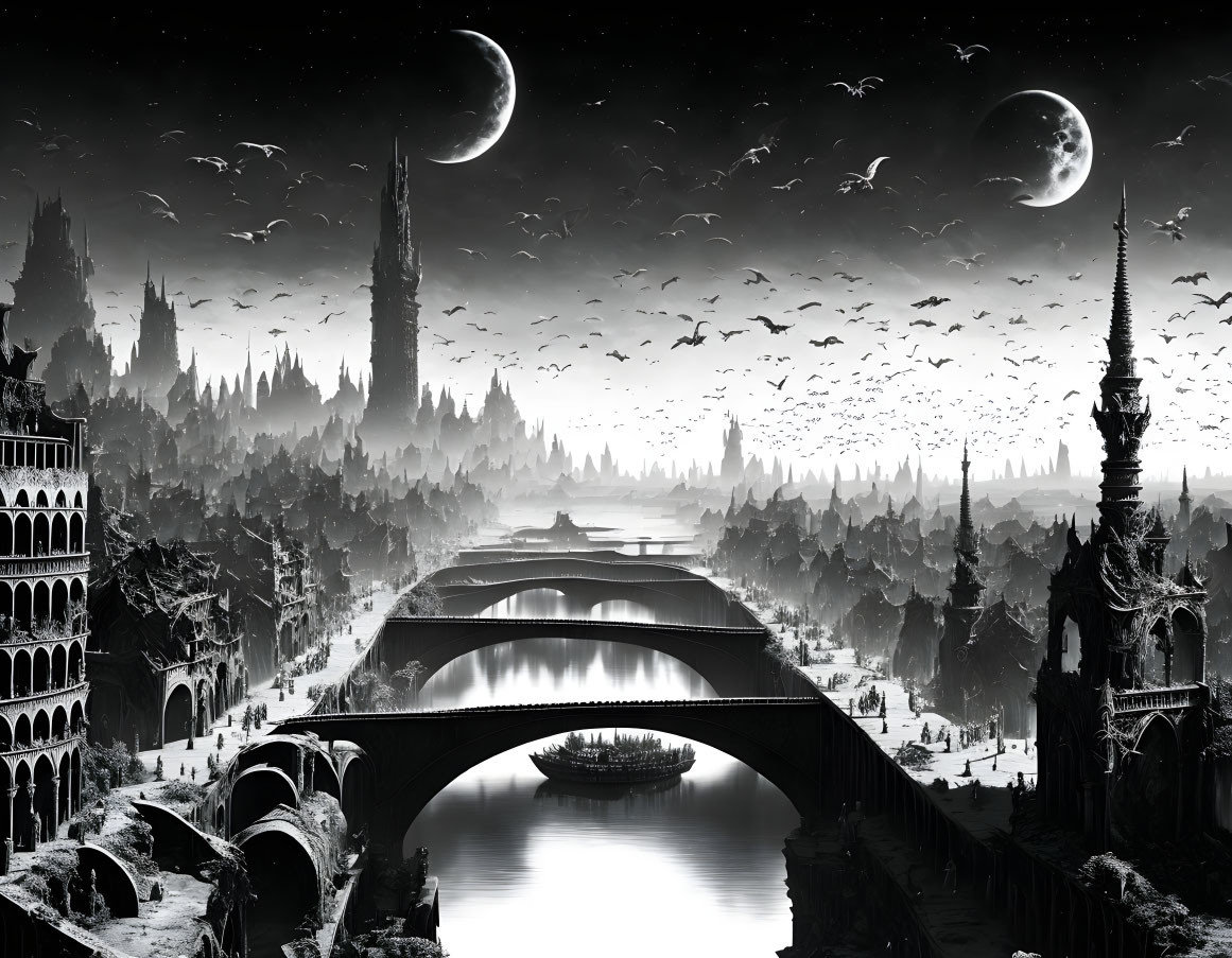 Monochrome fantasy landscape: gothic architecture, bridge, river, boat, dual moons, flying birds