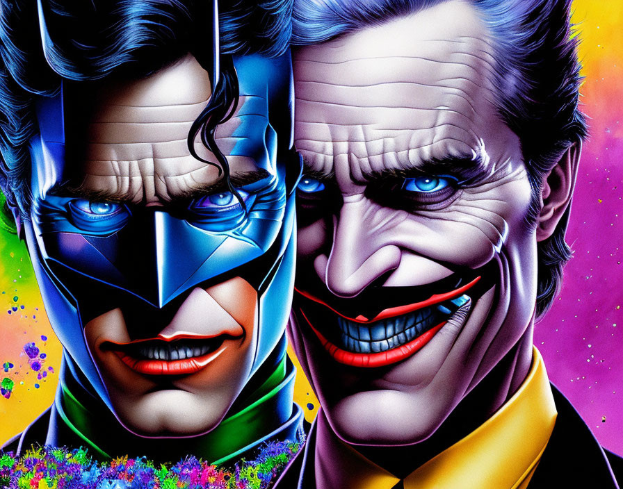 Colorful artwork of two iconic characters in blue mask and clown face paint