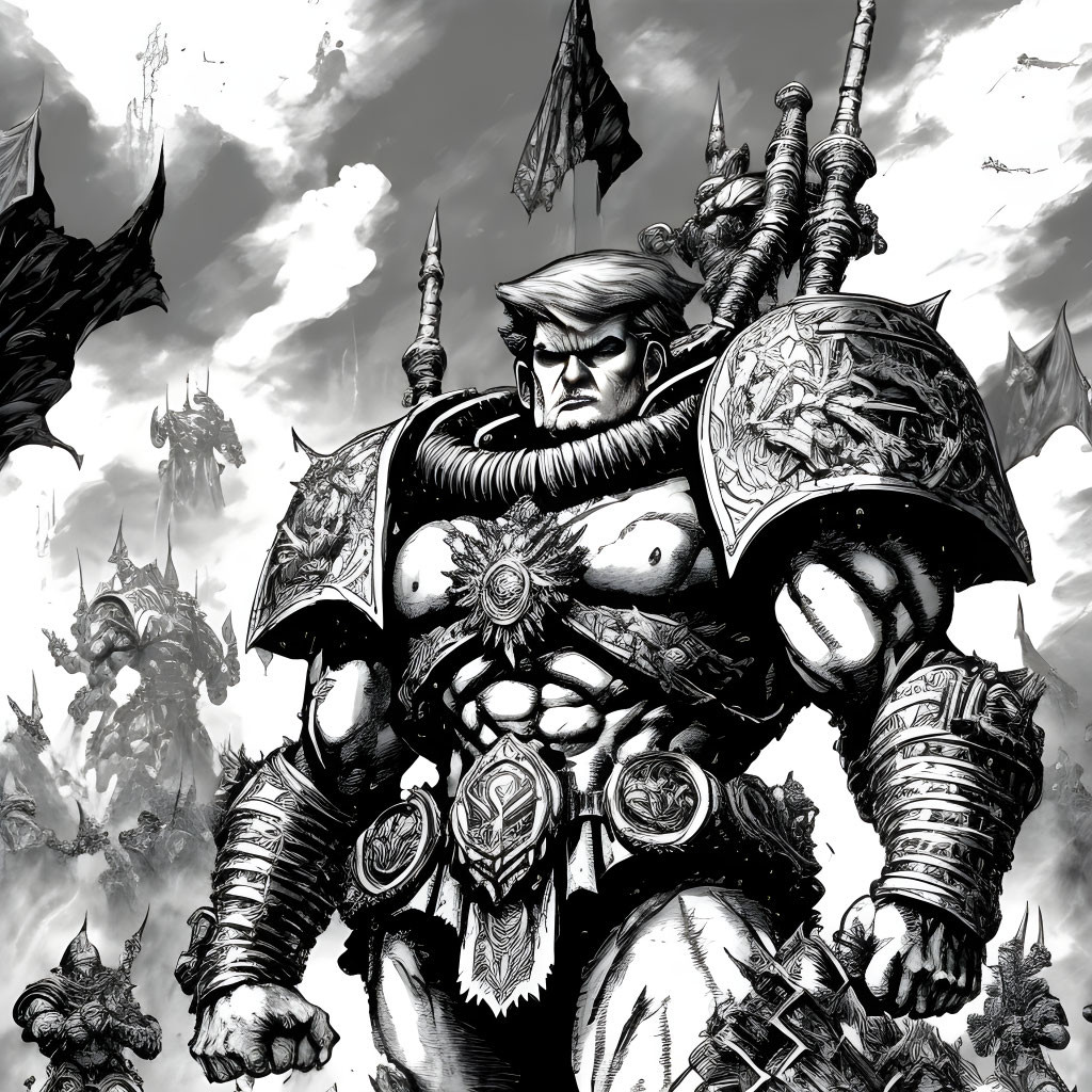 Monochrome illustration of stern-faced warrior in heavy armor with troops marching under cloudy sky