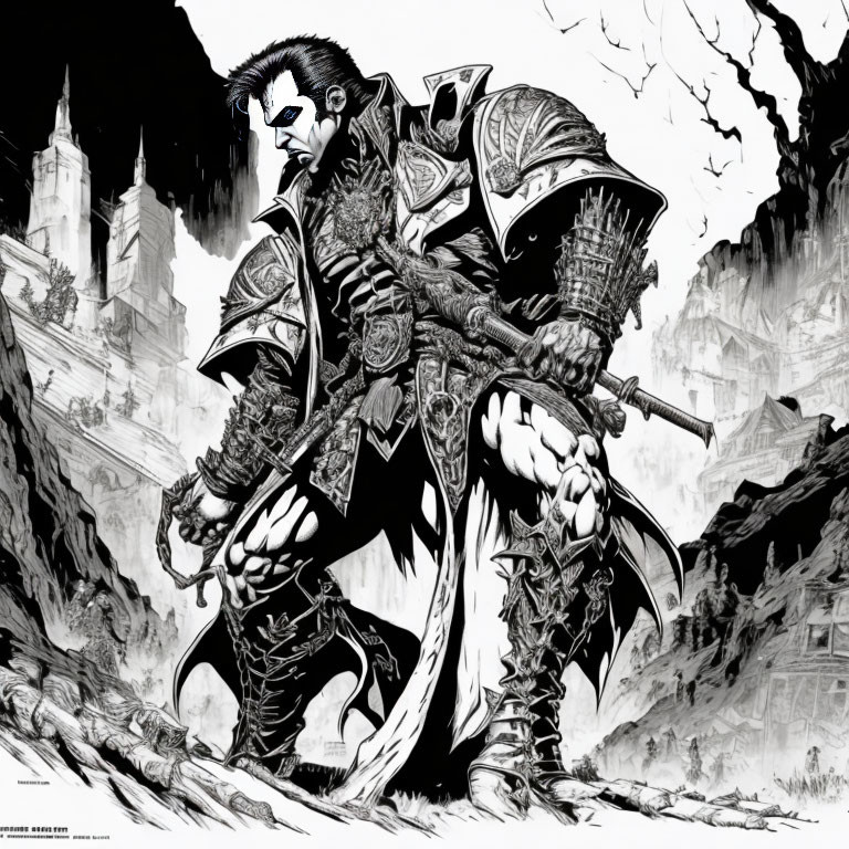 Monochrome illustration of fierce warrior in spiked armor with sword in desolate landscape