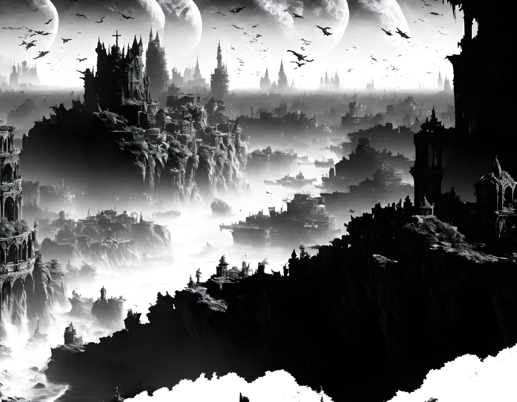 Monochromatic fantasy landscape with floating islands, gothic castles, waterfalls, and dual moons