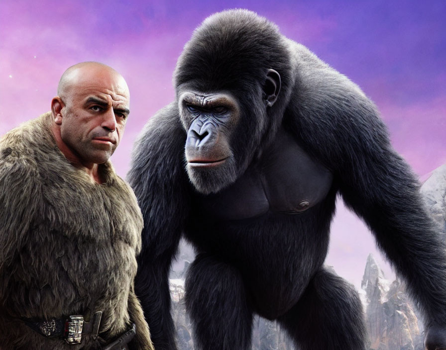 Bald man standing with stern expression next to realistic gorilla against purple sky