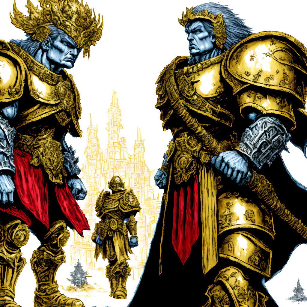 Illustrated warriors in golden armor face off with fantasy cityscape backdrop