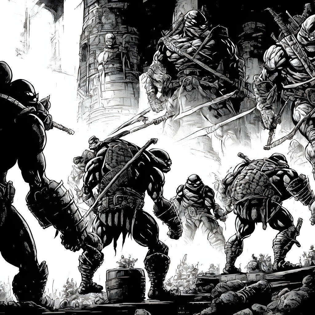 Monochrome illustration of armored warriors in battle among towering structures