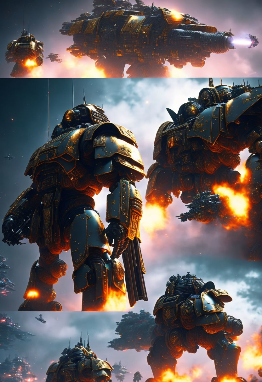 Futuristic Battle Scene with Armored Mechs and Explosions