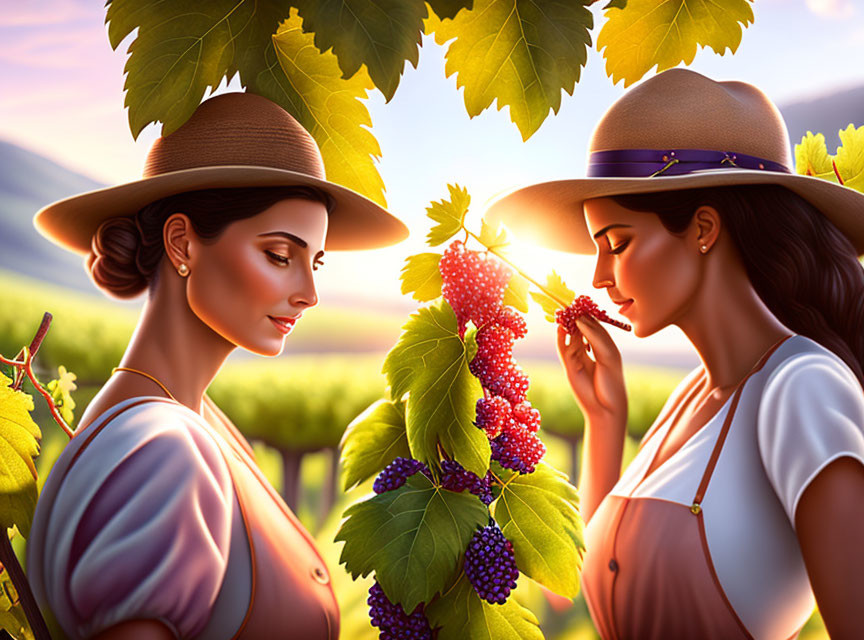 Two women in hats enjoying grapes in a sunny vineyard