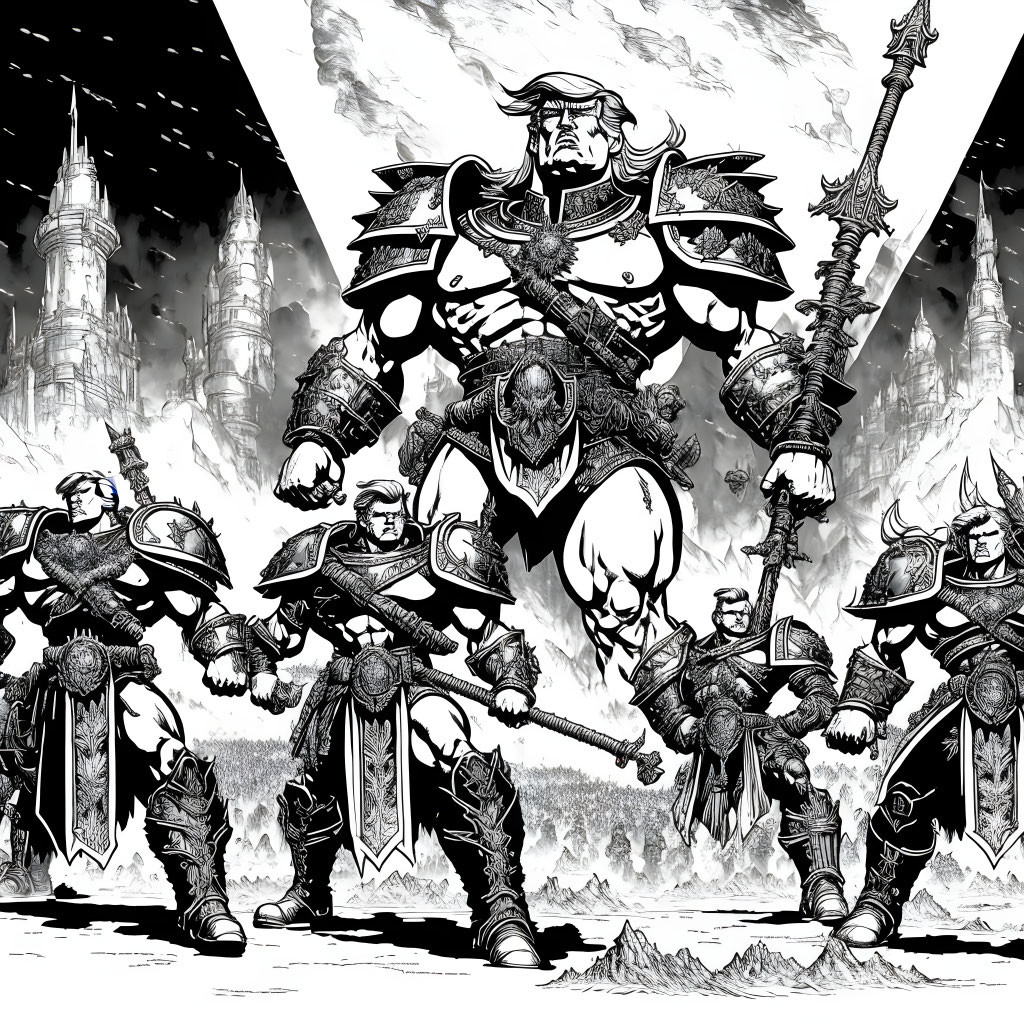 Illustration of five armored fantasy warriors with weapons in front of a castle