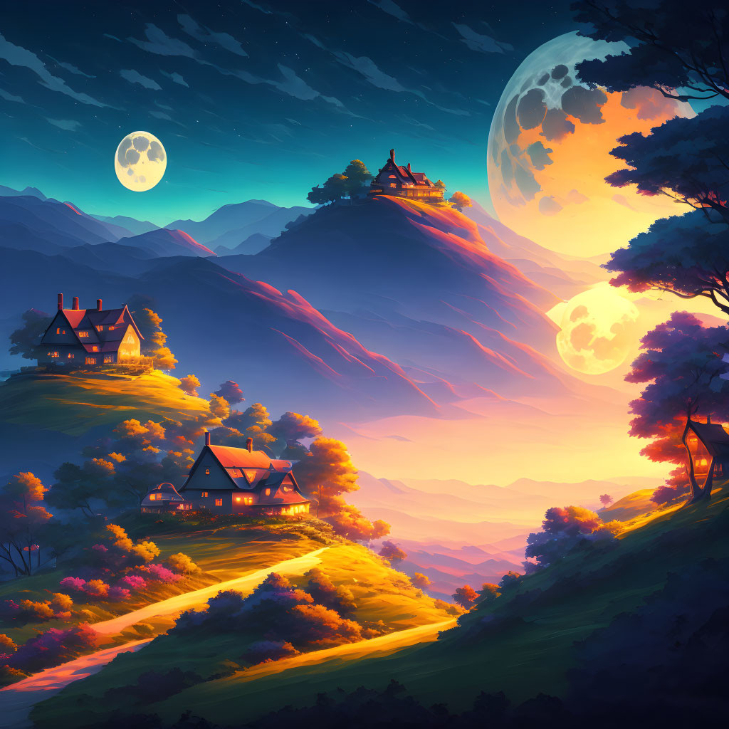 Fantasy landscape with two moons, illuminated houses, winding road, colorful sky