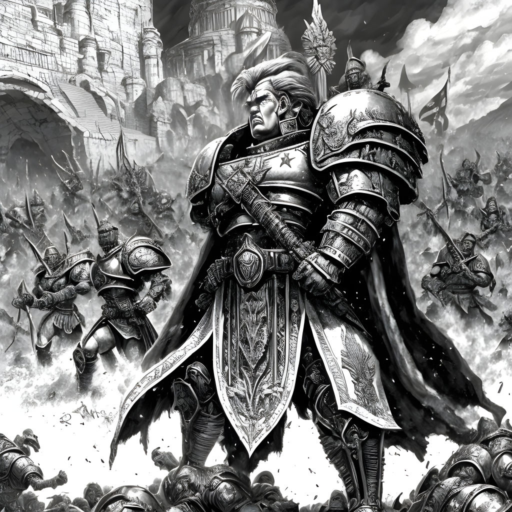 Monochromatic illustration of valiant knight in ornate armor on chaotic battlefield