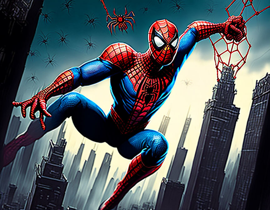 Superhero crouches on web between skyscrapers with blue sky and spider drones.