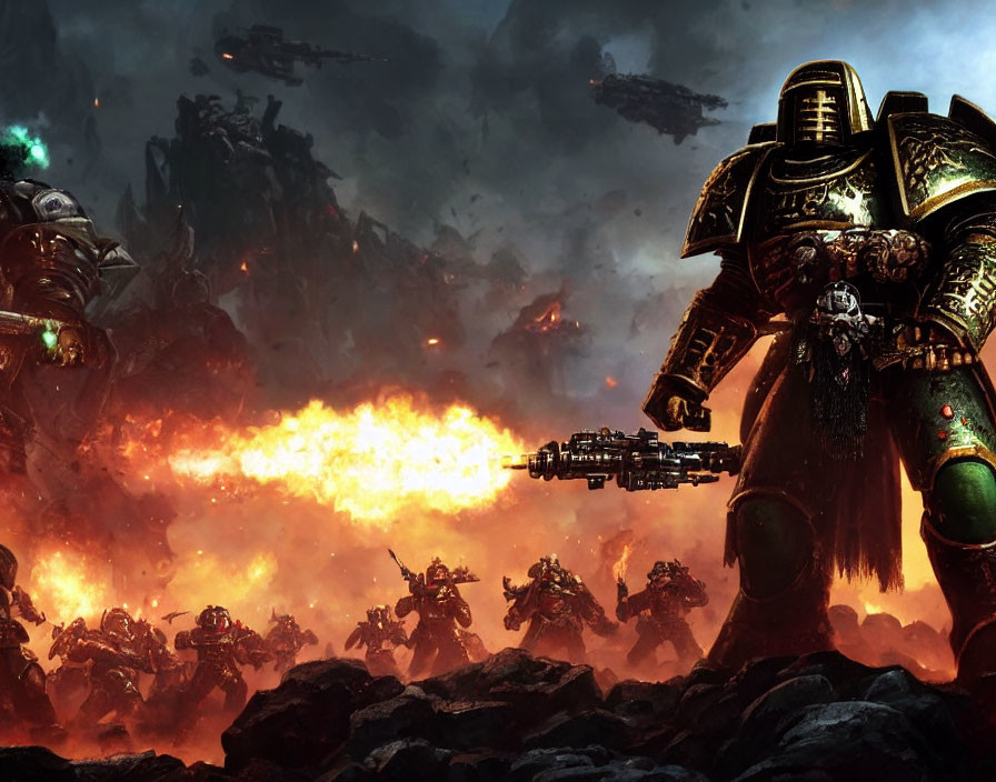 Armored warriors and mechs in futuristic battle scene with explosions and flying ships against apocalyptic backdrop.