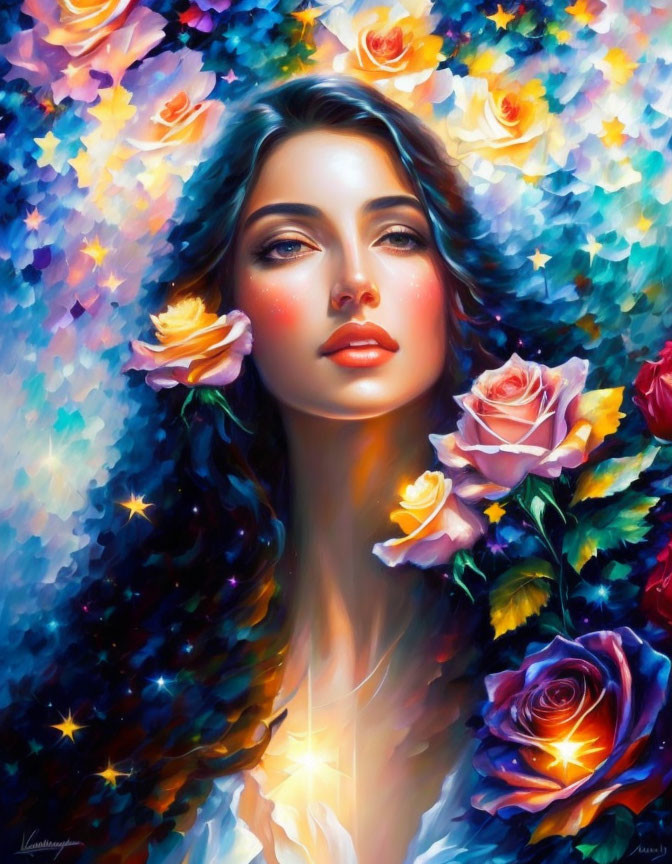 Colorful portrait of a woman with roses and lights in dreamlike setting