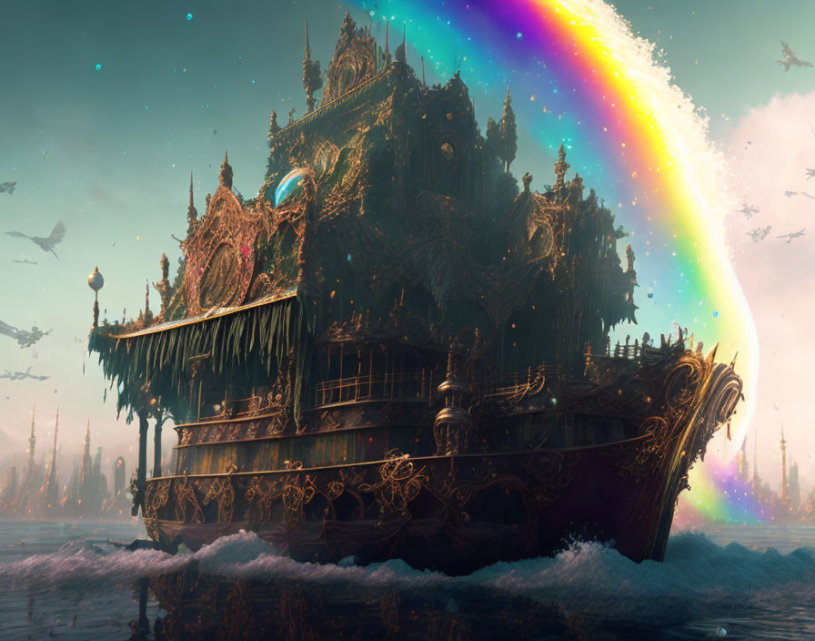 Fantasy ship sailing under rainbow in mystic sea with ethereal cityscape.