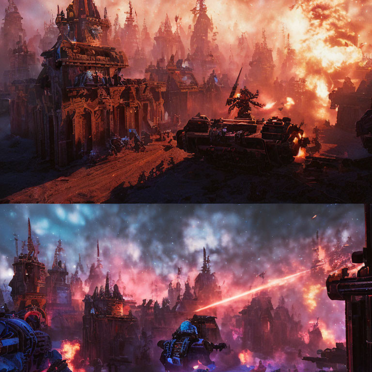 Futuristic battlefield with tanks and explosions in vivid sci-fi scene