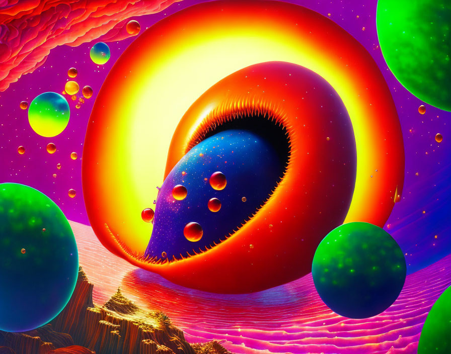 Colorful surreal landscape with orange ringed object, blue sphere, green planets, and pink clouds in