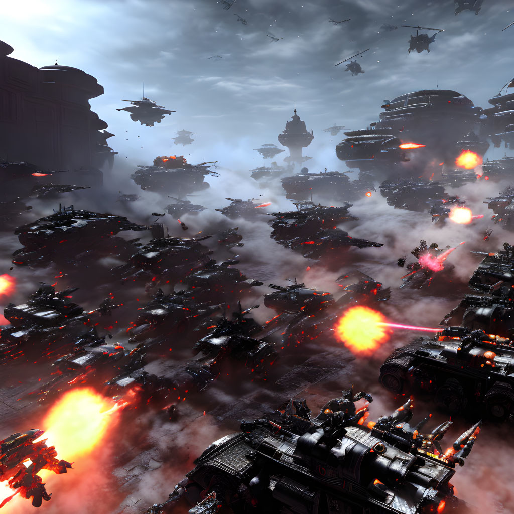 Intense Sci-Fi Battle Scene with Spacecraft Combat & Explosions