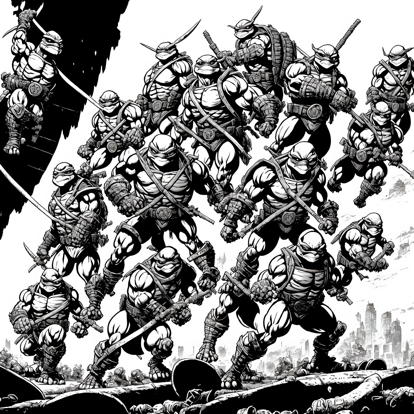 Dynamic black and white ninja turtles illustration in action poses with weapons on city backdrop