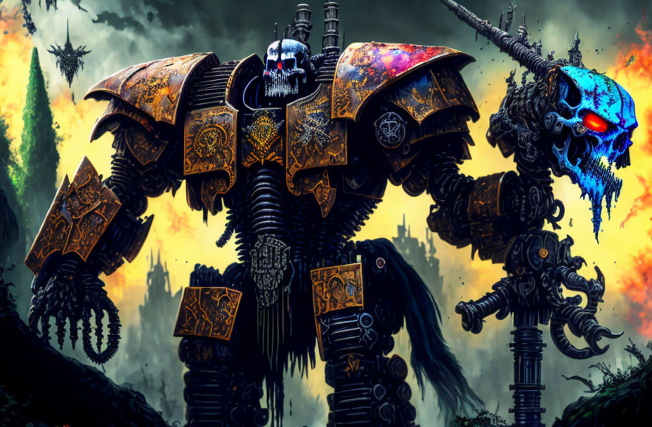 Menacing skull-faced mech with gold and blue armor, flaming sword, and mechanical claw in apocalyptic