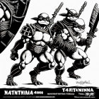 Dynamic black and white ninja turtles illustration in action poses with weapons on city backdrop