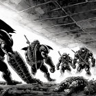 Monochrome illustration of armored warriors in battle among towering structures